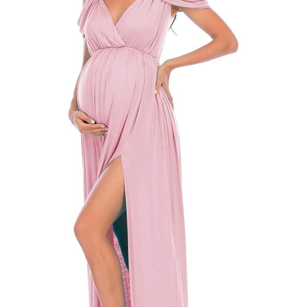 Soft Blush Maternity Maxi Dress with Side Slit